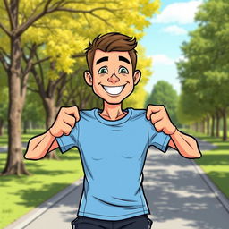 A cartoon runner man holding his running t-shirt with both hands, proudly showing it off