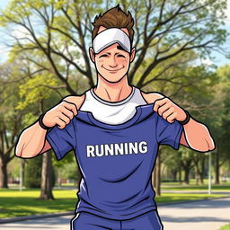 A cartoon runner man holding his running t-shirt with both hands, proudly showing it off