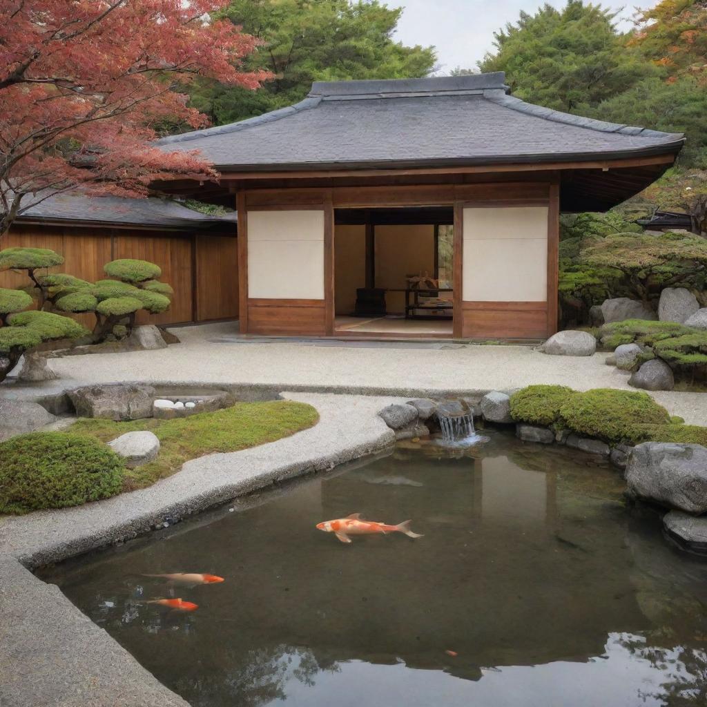 A Japanese styled house, featuring traditional architecture with a hipped roof, sliding doors, and a small zen garden with a koi pond.