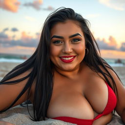 A full-body image of a beautiful, large Turkish woman with long, straight black hair, gray eyes, long eyelashes, red lips, thick eyebrows, and a defined nose