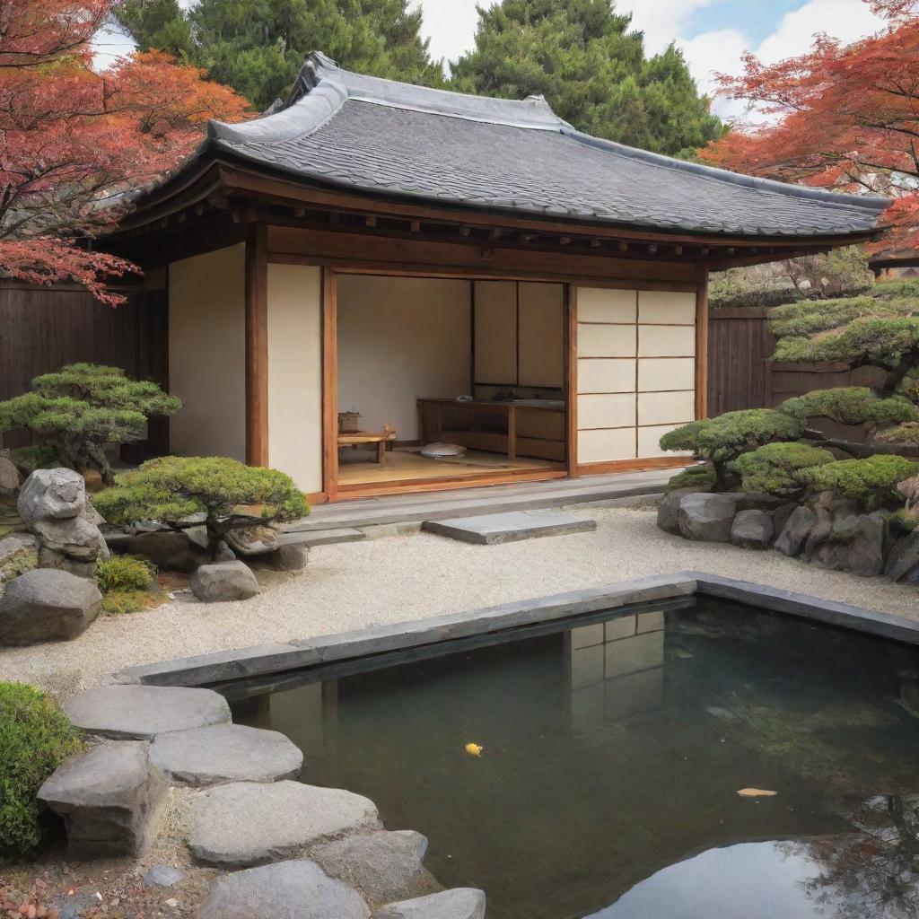 A Japanese styled house, featuring traditional architecture with a hipped roof, sliding doors, and a small zen garden with a koi pond.