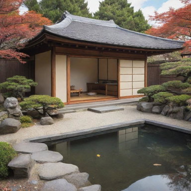 A Japanese styled house, featuring traditional architecture with a hipped roof, sliding doors, and a small zen garden with a koi pond.