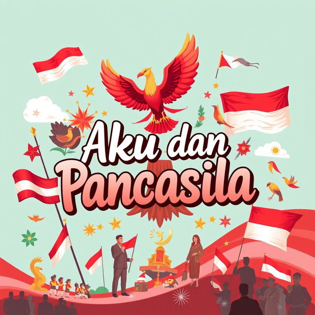 A vibrant and patriotic illustration featuring the phrase 'Aku dan Pancasila' with elements representing the Indonesian national philosophy of Pancasila