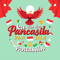 A vibrant and patriotic illustration featuring the phrase 'Aku dan Pancasila' with elements representing the Indonesian national philosophy of Pancasila