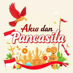 A vibrant and patriotic illustration featuring the phrase 'Aku dan Pancasila' with elements representing the Indonesian national philosophy of Pancasila