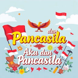 A vibrant and patriotic illustration featuring the phrase 'Aku dan Pancasila' with elements representing the Indonesian national philosophy of Pancasila