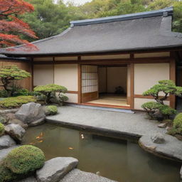 A Japanese styled house, featuring traditional architecture with a hipped roof, sliding doors, and a small zen garden with a koi pond.