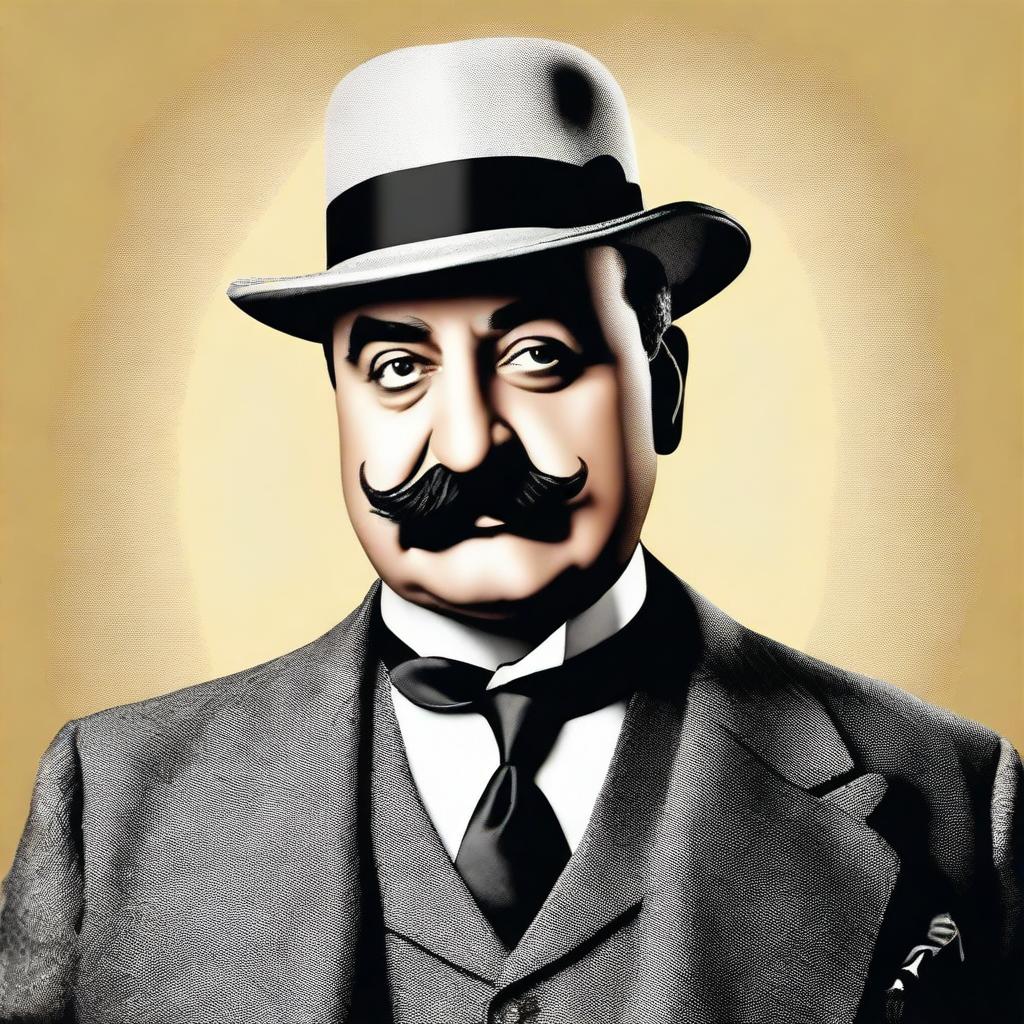 A detailed and elegant portrait of Hercule Poirot, the famous fictional detective created by Agatha Christie