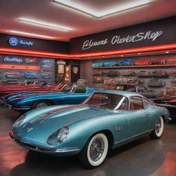 A unique car shop, showcasing a collection of vintage, luxury, and futuristic cars, with neon signs and an ultra-modern, metallic interior design.