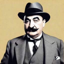 A detailed and elegant portrait of Hercule Poirot, the famous fictional detective created by Agatha Christie