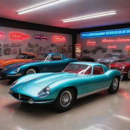 A unique car shop, showcasing a collection of vintage, luxury, and futuristic cars, with neon signs and an ultra-modern, metallic interior design.