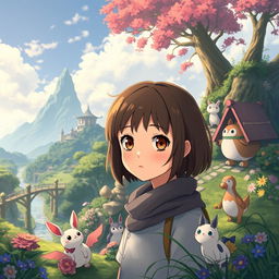 A girl in the world of Studio Ghibli with short brown hair and light brown eyes