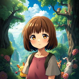 A girl in the world of Studio Ghibli with short brown hair and light brown eyes