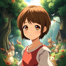 A girl in the world of Studio Ghibli with short brown hair and light brown eyes