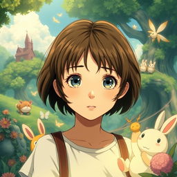 A girl in the world of Studio Ghibli with short brown hair and light brown eyes