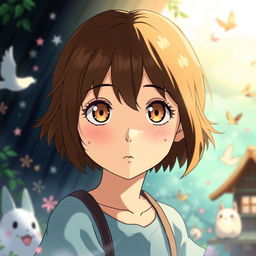 A girl in the world of Studio Ghibli with short brown hair and light brown eyes, facing forward