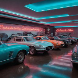 A unique car shop, showcasing a collection of vintage, luxury, and futuristic cars, with neon signs and an ultra-modern, metallic interior design.