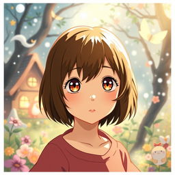 A girl in the world of Studio Ghibli with short brown hair and light brown eyes, facing forward