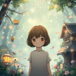 A girl in the world of Studio Ghibli with short brown hair and light brown eyes, facing forward