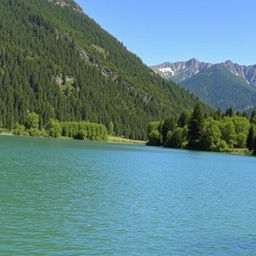 A serene landscape featuring a calm lake surrounded by lush green trees and mountains in the background under a clear blue sky