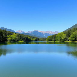 A serene landscape featuring a calm lake surrounded by lush green trees and mountains in the background under a clear blue sky