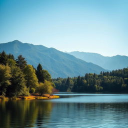 A serene landscape featuring a calm lake surrounded by lush green trees and mountains in the background under a clear blue sky