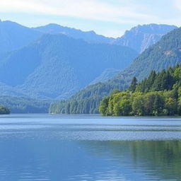 A serene landscape featuring a calm lake surrounded by lush green trees and mountains in the background under a clear blue sky