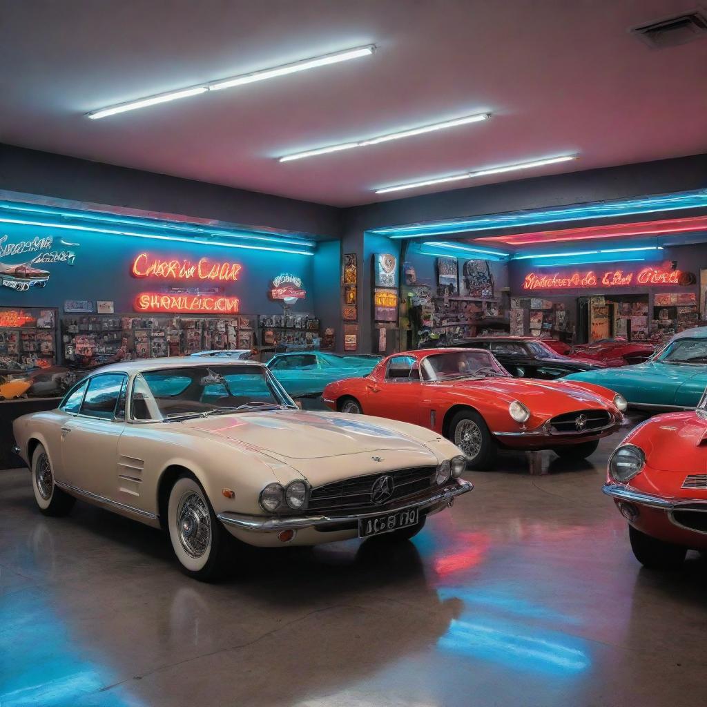 A unique car shop, showcasing a collection of vintage, luxury, and futuristic cars, with neon signs and an ultra-modern, metallic interior design.