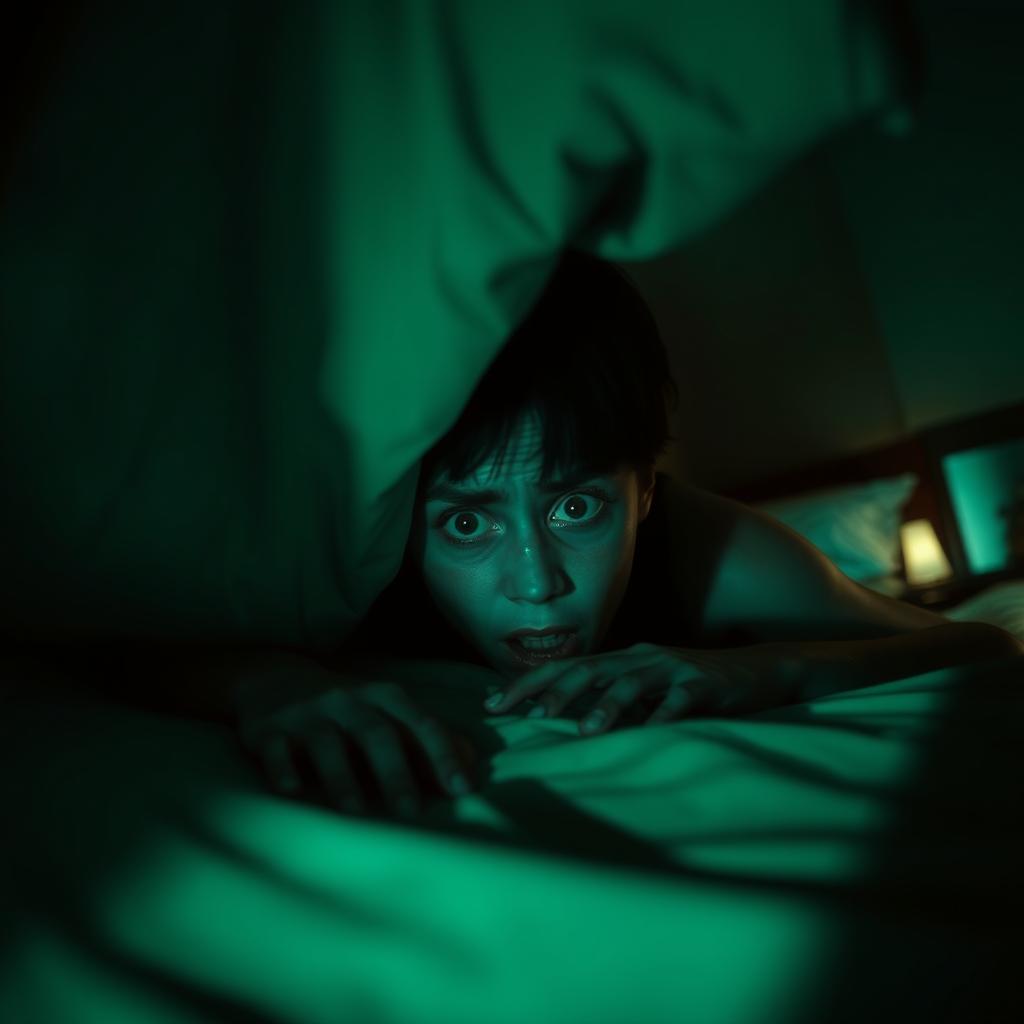 A chilling scene of a person hiding under a bed, their face partially visible with wide, fearful eyes