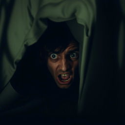 A chilling scene of a person hiding under a bed, their face partially visible with wide, fearful eyes