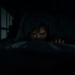 A chilling scene of a person hiding under a bed, their face partially visible with wide, fearful eyes