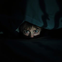 A chilling scene of a person hiding under a bed, their face partially visible with wide, fearful eyes