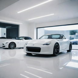 A Japanese car shop, displaying a range of sleek, futuristic cars and classic roadsters, infused with a contemporary zen-style interior featuring minimalistic design elements.