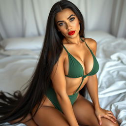 A full-body image of a beautiful, large Turkish woman with long, straight black hair, grey eyes, long eyelashes, red lips, thick eyebrows, and a defined nose