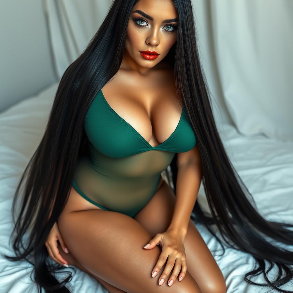 A full-body image of a beautiful, large Turkish woman with long, straight black hair, grey eyes, long eyelashes, red lips, thick eyebrows, and a defined nose