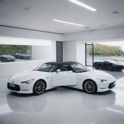 A Japanese car shop, displaying a range of sleek, futuristic cars and classic roadsters, infused with a contemporary zen-style interior featuring minimalistic design elements.