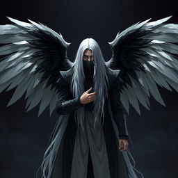 A man with long white hair, black wings, and a mask covering his mouth, standing in a dramatic pose