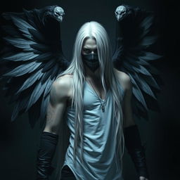 A man with long white hair, black wings, and a mask covering his mouth, standing in a dramatic pose