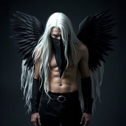 A man with long white hair, black wings, and a mask covering his mouth, standing in a dramatic pose