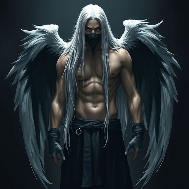 A man with long white hair, black wings, and a mask covering his mouth, standing in a dramatic pose