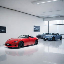 A Japanese car shop, displaying a range of sleek, futuristic cars and classic roadsters, infused with a contemporary zen-style interior featuring minimalistic design elements.