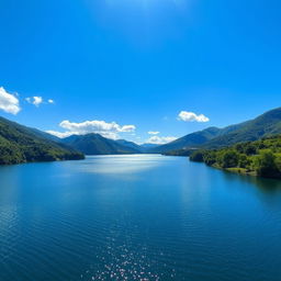 A beautiful landscape featuring a serene lake surrounded by lush greenery and mountains in the background