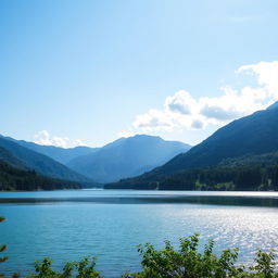 A beautiful landscape featuring a serene lake surrounded by lush greenery and mountains in the background