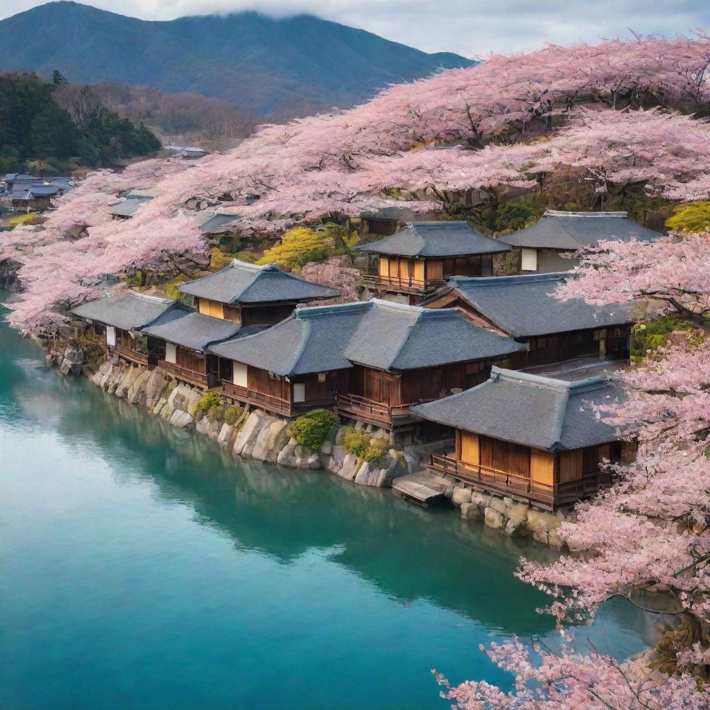 A mesmerizing Japanese village floating on islands. Traditional houses with curved rooftops pepper the landscape, all interconnected by wooden bridges. Sakura trees in bloom add a pop of color against the serene water backdrop.