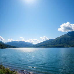 A beautiful landscape featuring a serene lake surrounded by lush greenery and mountains in the background