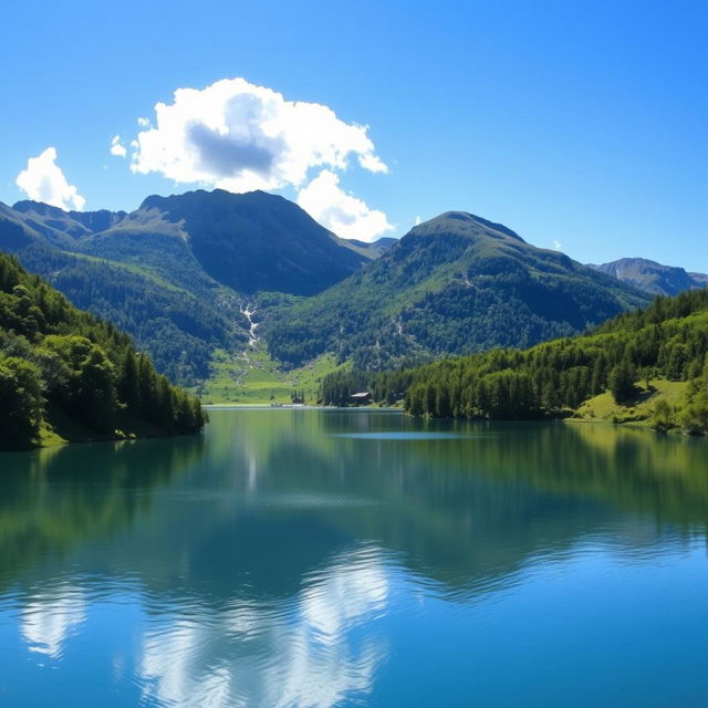 A beautiful landscape featuring a serene lake surrounded by lush greenery and mountains in the background