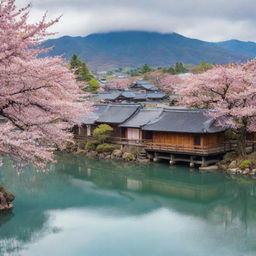 A mesmerizing Japanese village floating on islands. Traditional houses with curved rooftops pepper the landscape, all interconnected by wooden bridges. Sakura trees in bloom add a pop of color against the serene water backdrop.