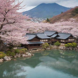 A mesmerizing Japanese village floating on islands. Traditional houses with curved rooftops pepper the landscape, all interconnected by wooden bridges. Sakura trees in bloom add a pop of color against the serene water backdrop.