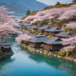 A mesmerizing Japanese village floating on islands. Traditional houses with curved rooftops pepper the landscape, all interconnected by wooden bridges. Sakura trees in bloom add a pop of color against the serene water backdrop.