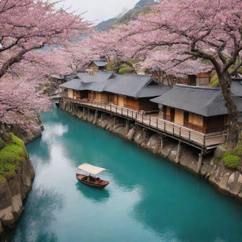 A breathtaking Japanese village suspended on floating islands in the sky. Traditional houses, cherry blossom trees, and wooden bridges dangle in the air, creating a magical and serene celestial village.